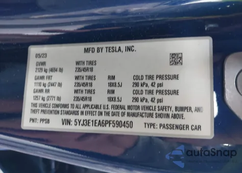 2023 Tesla Model 3 Rear-Wheel Drive from USA, damaged, VIN 5YJ3E1EA6PF590450